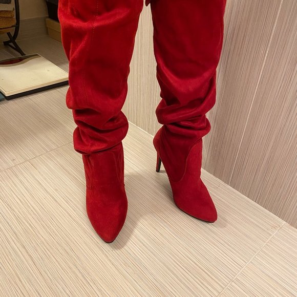 Red Suede Heeled Boots Shoes - Above Knees High Heel Boots size 10 NWOT